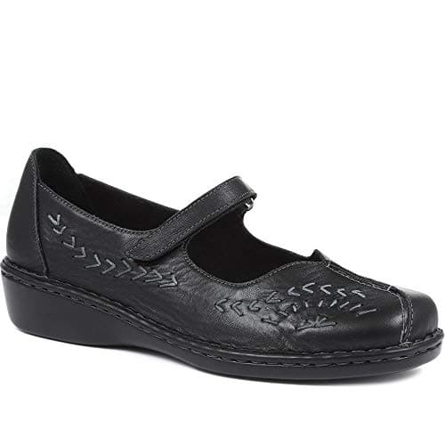 Image of Pavers Ladies Leather Wide Fit Touch Fasten Mary Jane in Black - Stylish Daytime Wear with Unique Cut-Out Detail - Adjustable Fastening - UK 8 / EU 41