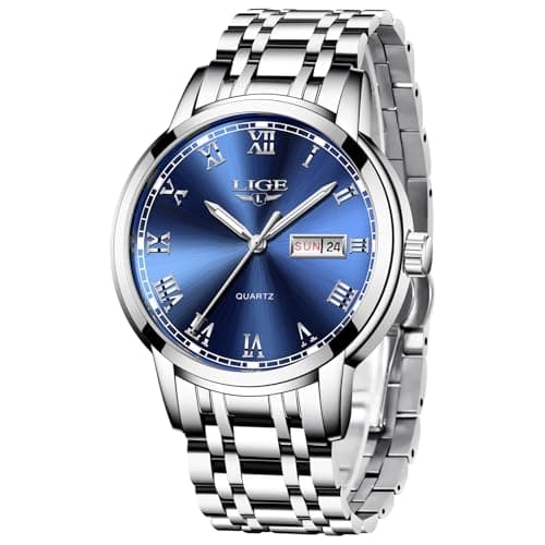 Image of LIGE Mens Watches, Quartz Analogue Watches for Men, Stainless Steel 3ATM Water Resistance, Luminous Hands, Calendar Function, Classic Simple Style, Casual Fashion Accessories, Silver