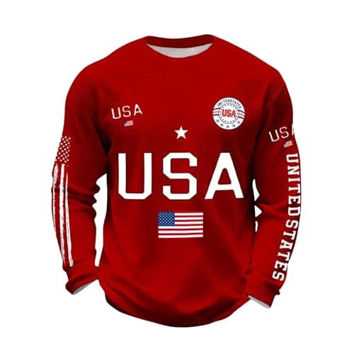 Image of Men's USA Flag Waffle Sweatshirts Long Sleeve Crew Neck Shirts American Flag Print Pullover Tops 250th Anniversary Sweatshirts Fashion Loose Comfy Tops (Red, L)
