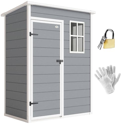Image of Outsunny 5' x 3' Plastic Garden Shed with Floor, Outdoor Storage Shed with Lockable Door, Window and Vent for Garden, Patio, Grey