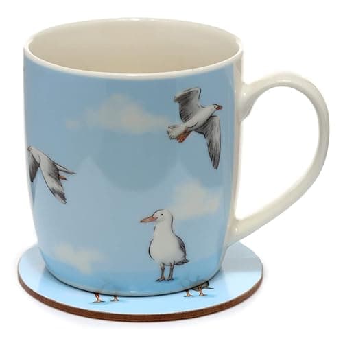 Image of EliteKoopers 2Pcs Porcelain Mug and Coaster Gift Set Seagull Buoy For Home, Office, Work etc.