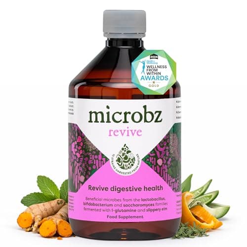 Image of MICROBZ Revive Liquid Probiotics for Gut Health - Award-Winning Probiotic Supplement with 15 Strains & Fermented Herbs for Bloating - Dairy, Gluten Free, Vegan Drink for Women & Men - 31 Servings