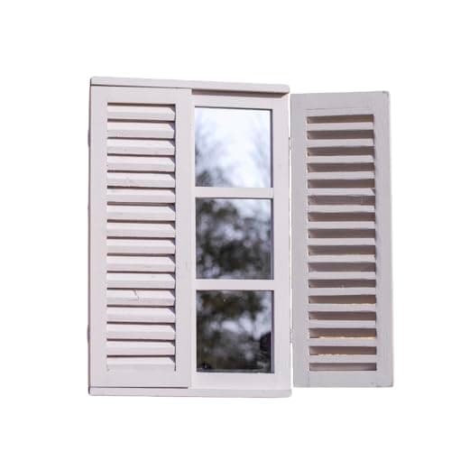 Image of Darthome White Shutter Window Garden Mirror, Wooden Rectangle French Country Wall Decor with Moveable Louvre Doors, 39x60x5cm, 6 Square Mirrors