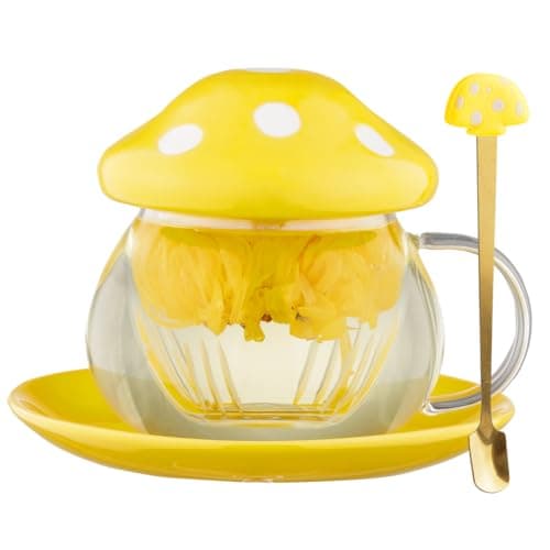 Image of Mushroom Tea Cup Set, Cute Glass Tea Cups and Saucers, Kawaii Tea Cup with Infuser for Loose Leaf Tea Steeper, Coffee Mug Christmas Gifts for Women,Tea Infuser Mug with Lid for Mother Girls (Yellow)