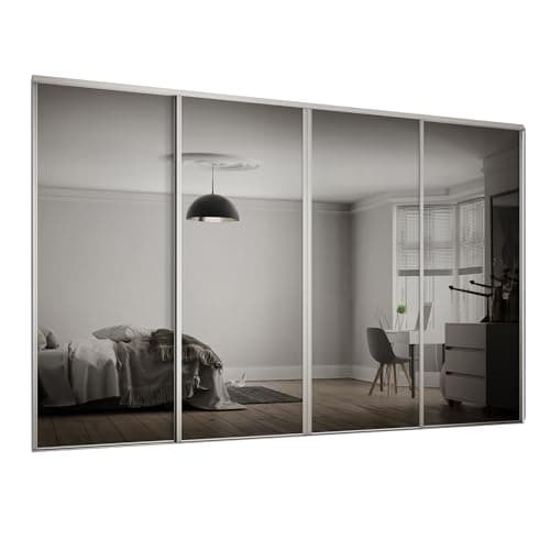 Image of SPACEPRO Heritage Sliding Mirror Wardrobe Doors – Modern 4 door Sliding Mirror Wardrobe, White Finish, Full Length Mirror Sliding Door Kit with Track, Ideal for 2260mm x 3586mm opening size