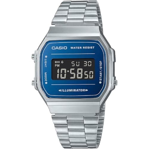 Image of Casio Unisex 38.60mm Quartz Watch with Blue Digital dial and Silver Metal Bracelet Strap A168WEM-2BEF