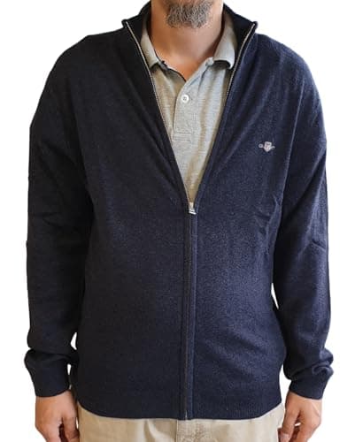 Image of GANT Extrafine Lambswool Zip Cardigan, Dark Navy Melange, M
