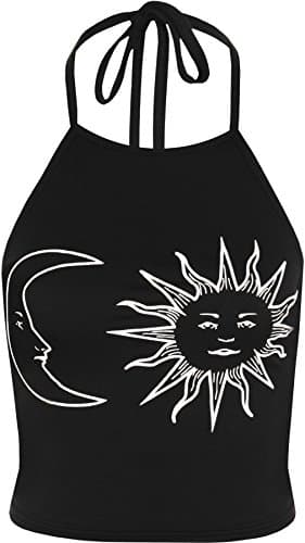 Image of WearAll Women's Sun Moon Print Halter Neck Sleeveless Tied Crop Vest T-Shirt Top - Black White - 12-14