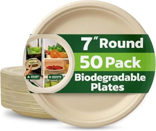 Image of Strong Paper Plates (7inch - 50 Pack) – 100% Compostable Disposable Plates – Heavy Duty Natural Sugarcane Eco-Friendly Biodegradable Plastic Free Bagasse Party Plate – Microwave & Freezer Safe