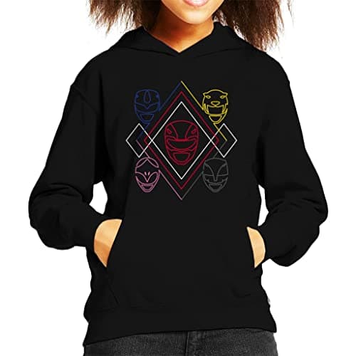 Image of All+Every Power Rangers Heads Line Art Kid's Hooded Sweatshirt Black