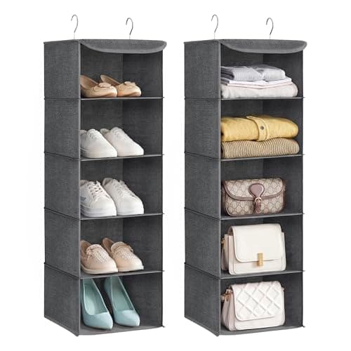 Image of SONGMICS Wardrobe Organizer, Set of 2, Hanging Closet Bag, Foldable, Space Saving, with Metal Hooks, Bamboo Reinforcement, Linen Pattern, Grey RCH005G02