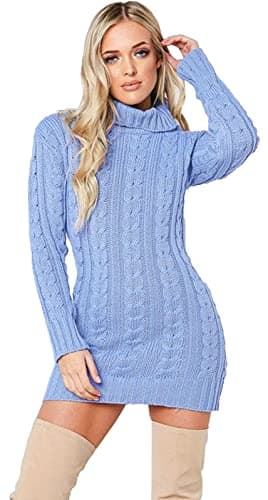 Image of Crazy Girls New Womens High Polo Neck Chunky Cable Knitted Jumper Mini Tunic Dress Top 8-18 (12-14, Baby Blue)