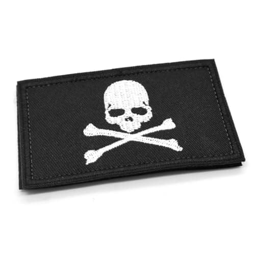 Image of Skull and Crossbones Morale Patch Hook and Loop Black and White Pirate Badge 8cm x 5cm British Forces Fabric Tactical Gear