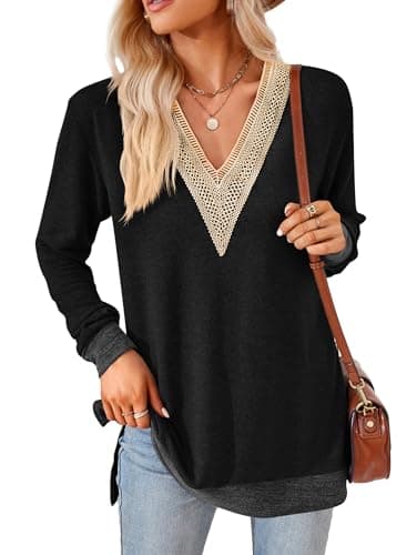 Image of iChunhua Long Sleeve V Neck Going Out Tops Women Sexy Ladies Sweatshirts Size 12 Black M