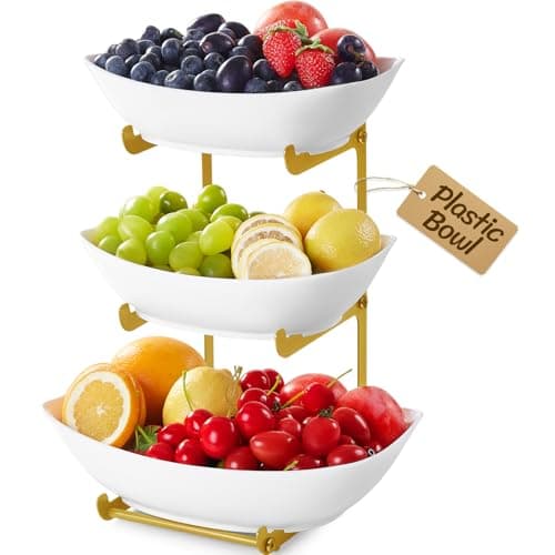 Image of Lifewit Fruit Bowl, 3 Tier Fruit Holder for Kitchen Countertop, Plastic Food Basket with Metal Stand, Serving Tray for Food, Medium Capacity Snack Cake Berry Storage Rack in Party, White and Gold