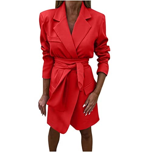 Image of Plain Blazer Dress for Women Long Sleeve Work Office Blazer Asymmetric Belted Wrap Blazers Notched Jackets Wedding Guests Formal Solid Color Suit Dress Party Elegant Suit Red