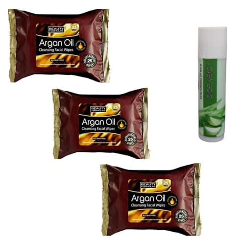 Image of Beauty Formula Argan Oil Cleansing Facial Wipes 3x 25 = 75 Wipes For All Skin Types With Free Aloe Vera Lip Balm