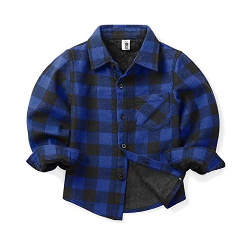 Image of Aeslech Big Boys' Fleece Lined Flannel Plaid Shirts, Long Sleeve Checkered Shirt Jacket Winter Coat Tops Blue Black Tag 160CM - 9-10 Years