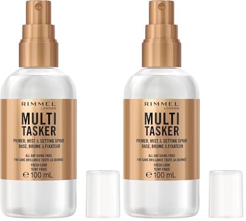 Image of Rimmel Multi-Tasker Setting Spray, 3-in-1 Hydrating Primer & Mist, All Day Setting Power, Refreshes Dull & Dry Skin, Oil-Free, Infused with Cucumber & Chamomile, Vegan, 100ml (Pack of 2)