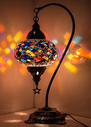 Image of DEMMEX Turkish Moroccan Mosaic Table Lamp with Large Size Globe, Boho Exotic Colorful Mosaic Glass Bedside Desk Lamp Lampshade Light for Bedroom, Living Room, Entryway, Office, Handmade (Multicolor)