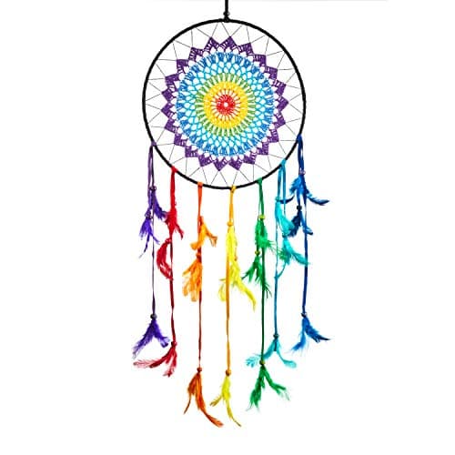 Image of Large Handmade Bohemian Dream Catcher: Pink Pineapple Ethical Hanging Rainbow Dreamcatcher Wall Art with Multicoloured Feathers and Beads with Traditional Crochet Design - 27cm Wide, 60cm Long