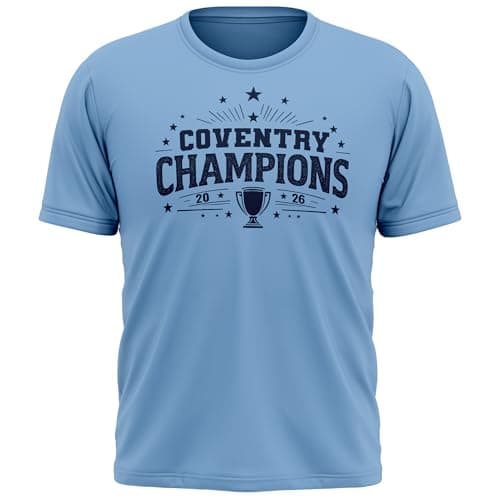 Image of Coventry Kids Football T Shirt - Cov Champions 2026 Cup Design - Boys Girls Football Supporter City Fan Tee Top, 9-11 Years, Sky Blue