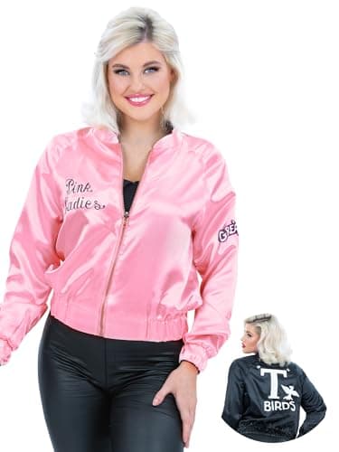 Image of Smiffys Grease Reversible Pink Ladies and T-Birds Jacket for Women, Official Licensed 1950s Rock n Roll Fancy Dress Costume Accessory for Musicals, Hen Parties, Halloween & Retro Events, Small