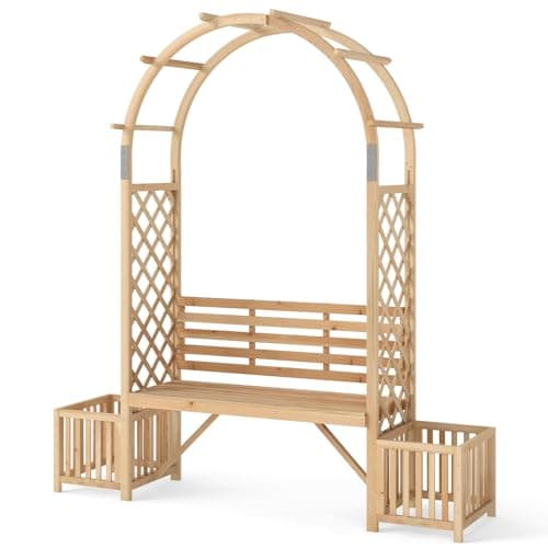 Image of GiantexUK Garden Arch with Bench & Planter Boxes, 2-Seater Rose Trellis Pergola Pavilion Arbour with Back, Wooden Climbing Plants Support Archway for Patio Lawn Wedding Ceremony Party (Arched Roof)