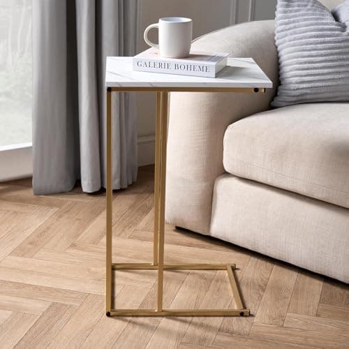 Image of OHS C Shape Side Table, White Marble Top with Gold Metal Frame End Table for Living Room Bedroom & Office Storage Decorative Space Saver Sofa Side Table, One Size