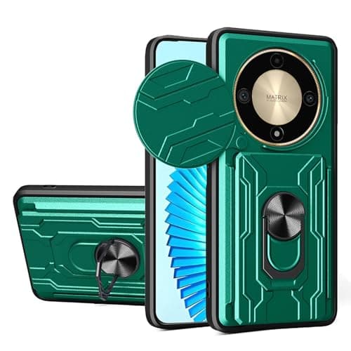 Image of ILING Wallet Case for HONOR Magic 5 Lite 5G, Ultra-thin Matte Hard PC Silicone Shockproof Protective Armor Cover, with Card Holder Slot, Ring Kickstand, Slide Camera Cover (Green)