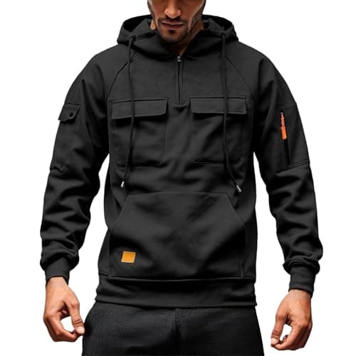 Image of Men's Hoodies 1/4 Zipped Long Sleeve Workout Fleece Jacket with Pockets Autumn Winter Hooded Sweatshirts Regular Fit Casual Pullover Jumper (Black, 5XL)