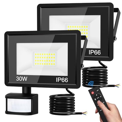 Image of vighep Security Lights Outdoor Motion Sensor, 30W Led Pir Floodlight with Remote Control, 6500K Cold White IP66 Waterproof Outside Wall Light Mains Powered for Garage Backyard Garden Doorway-2Pack