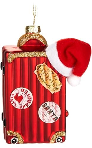 Image of BRUBAKER Santa's Suitcase - Hand-Painted Glass Christmas Bauble - 4.7 inches (12 cm) Tree Bauble Christmas Suitcase Red with Santa Hat - Mouth-Blown Christmas Tree Decoration