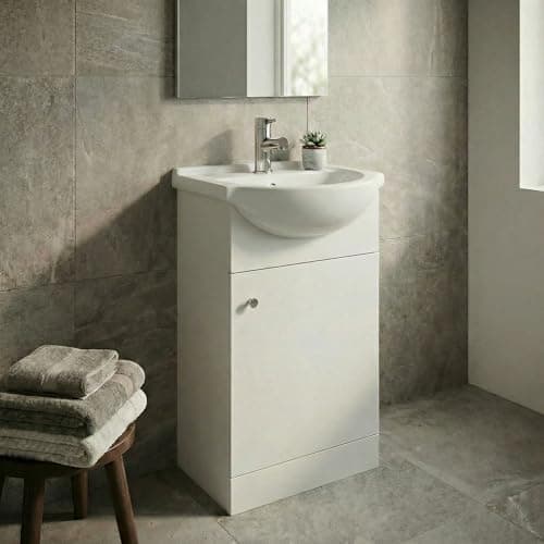 Image of BAYSTONE 450mm Bathroom Vanity Unit Ceramic Basin Sink, Soft Close Door, Single Tap Hole Wash Basins, Freestanding, Furniture Storage Cabinet, Matt White