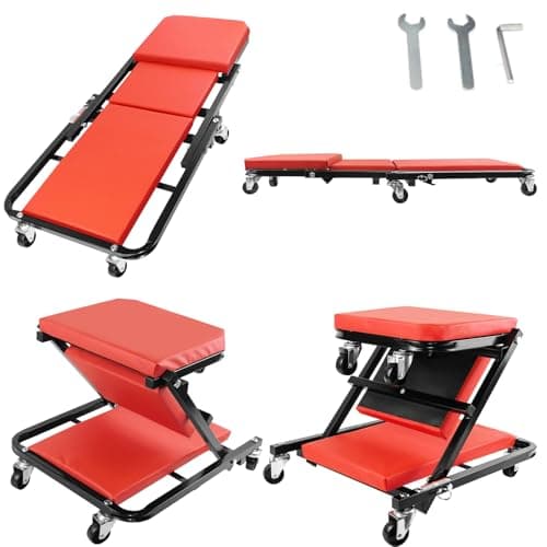 Image of Red Folding Car Creeper Seat, Lay Down or Sit Stable, Heavy Duty Folding Mechanics Car Creeper with 6 360° Rotatable Rolling Wheels, Durable Garage Workshop Stool for Under Car Repair Tool