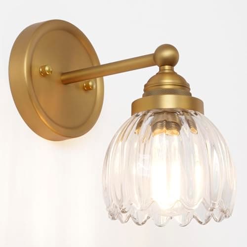Image of SongCiLT Industrial Wall Light Sconce with Clear Tulip Glass Lampshade, Vintage Brass Bathroom Wall Lamp Fixtures for Kitchen Living Room Bedroom Hotel