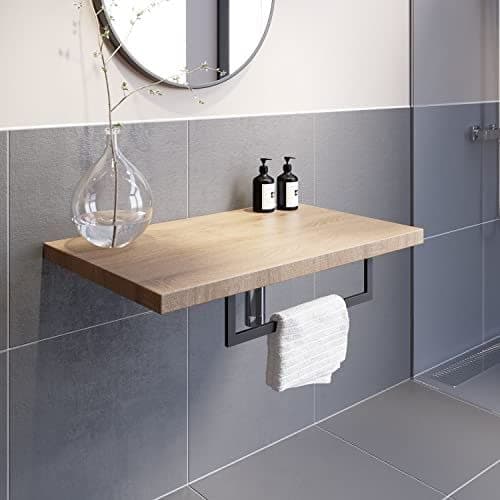 Image of Vitusso® 600mm Bathroom Wall Hung Floating Shelf Unit Towel Rail Bar Storage Countertop Oak Wood, No Basin