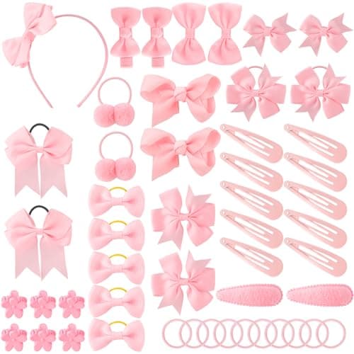 Image of FRIUSATE 50Pcs Girls School Hair Accessories Kit Bow Elastic Headband Hair Clips Kit, Pink Pompom Hair Band Hair Accessories, Pink Bow Ponytail Holder for Girls Best Friend Birthday Gift