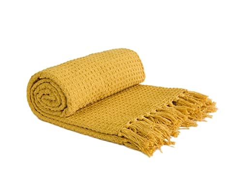 Image of Emma Barclay Honeycomb - Recycled Cotton Plain Waffle Textured Chair Sofa Setee Throw Over Blanket in Ochre Yellow - 90x100 (228x254cm)