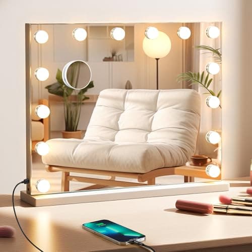 Image of FIBRAVE Hollywood Vanity Mirror with Lights, 50×42cm Lighted Makeup Mirror for Tabletop/Wall Mounted with 14 Led Dimmable Bulbs, USB Cable, Touchscreen Control for Bedroom & Dressing Room