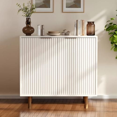 Image of DAWNYIELD Wooden Fluted Cabinet, Freestanding Multi-Function Sideboard with Adjustable Shelves, Modern Cupboard, Storage Cabinet Side Table for Living Room, Kitchen, Entryway, White