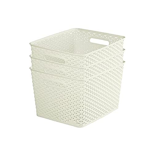 Image of Curver My Style Rattan Effect Set of 3 Kitchen, Living room, Bathroom, Bedroom, Utility Large Rectangular Storage Baskets 18 Litres - White