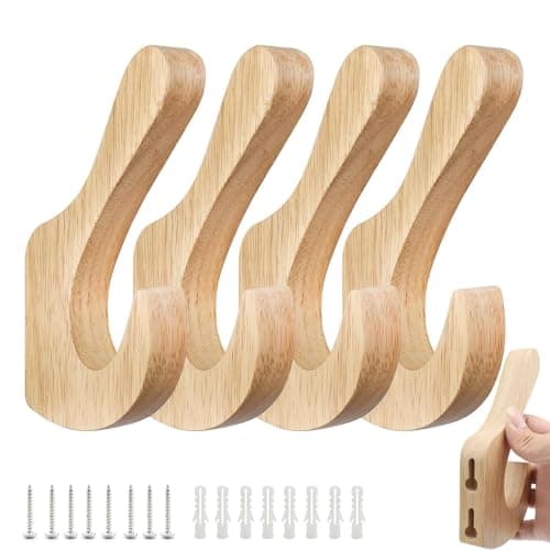 Image of WJUAN 4 Pcs Wooden Coat Hooks, Double Hook Design, Solid Oak Vintage Wall Hooks with Screws and Expansion Tubes, Ideal for Living Room, Bedroom, and Corridor