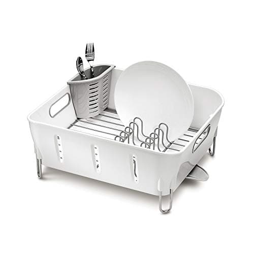 Image of simplehuman KT1104 Compact Dish Rack, Drainer for Kitchen, 360º Swivel Spout, Easy to Clean, Coated Steel Wire, Cutlery Holder, Rustproof, White Plastic, W 37.1cm x H 17.2cm x D 32.8cm