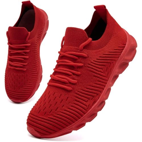Image of VLHGCG Men Women Trainers Slip on Gym Walking Breathable Shoes Non Slip Running Trainer Comfortable Soft Workout Sports Casual Lightweight Sneakers Red Size UK 8