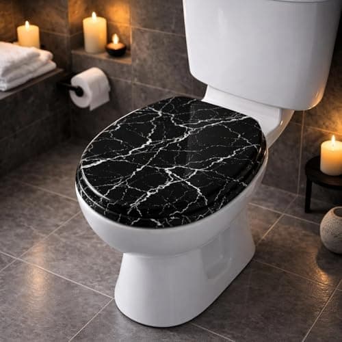 Image of Yorkshire Homeware 18" Wooden Toilet Seats | MDF Wood Oval Toilet Seats with Bottom Fixings | Toilet Seat with Quick Close with Adjustable Hinges (Marble Effect Toilet Seat Black)
