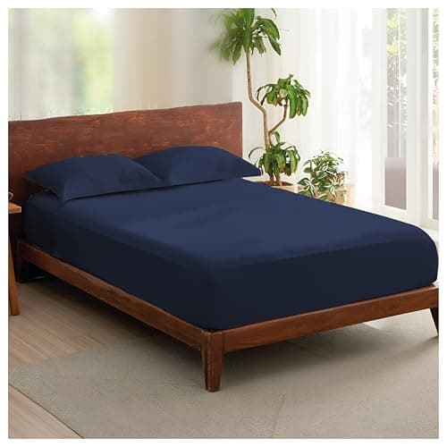 Image of Rehan & Co 100% Egyptian Cotton Fitted Sheets 300 Thread Count Breathable Hotel Qulaity Bedding 12” / 30cm Deep Fitted Bed Sheet. (Navy Blue Fitted Sheet, Double)