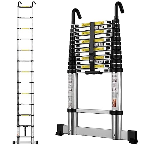 Image of Telescopic Ladder 3.8M/12.5FT Aluminium Extension Loft Ladder with Stabilizer Bar and Detachable Hooks, Multi Purpose Extendable Portable Folding Ladders, 13 Steps, EN131