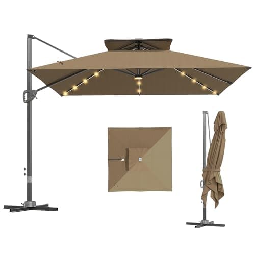 Image of Outsunny 3.5x3 m Garden Cantilever Parasol with Solar LED Lights and Centre Light, UPF50+ Aluminium Patio Umbrella with 360° Rotation and Tilt, Hanging Sun Shade with Cross Base, Crank Handle, Khaki