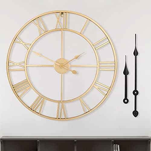 Image of HAITANG Roman Retro Large Wall Clock Round Metal Nearly Silent Little ticking Battery Operated 40CM,47CM,60CM Gold Roman Numerals Clocks for Living Room,Bedroom,Kitchen Decor-40cm
